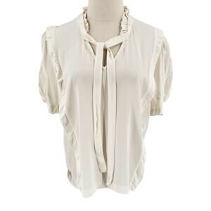 Sandro Womens Puff Sleeve Silk Top Blouse Short Sleeve Shirt Neck Tie White